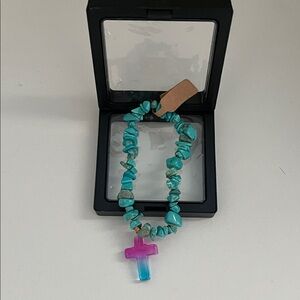 Turquoise Beaded Bracelet with ombré pink and teal Cross